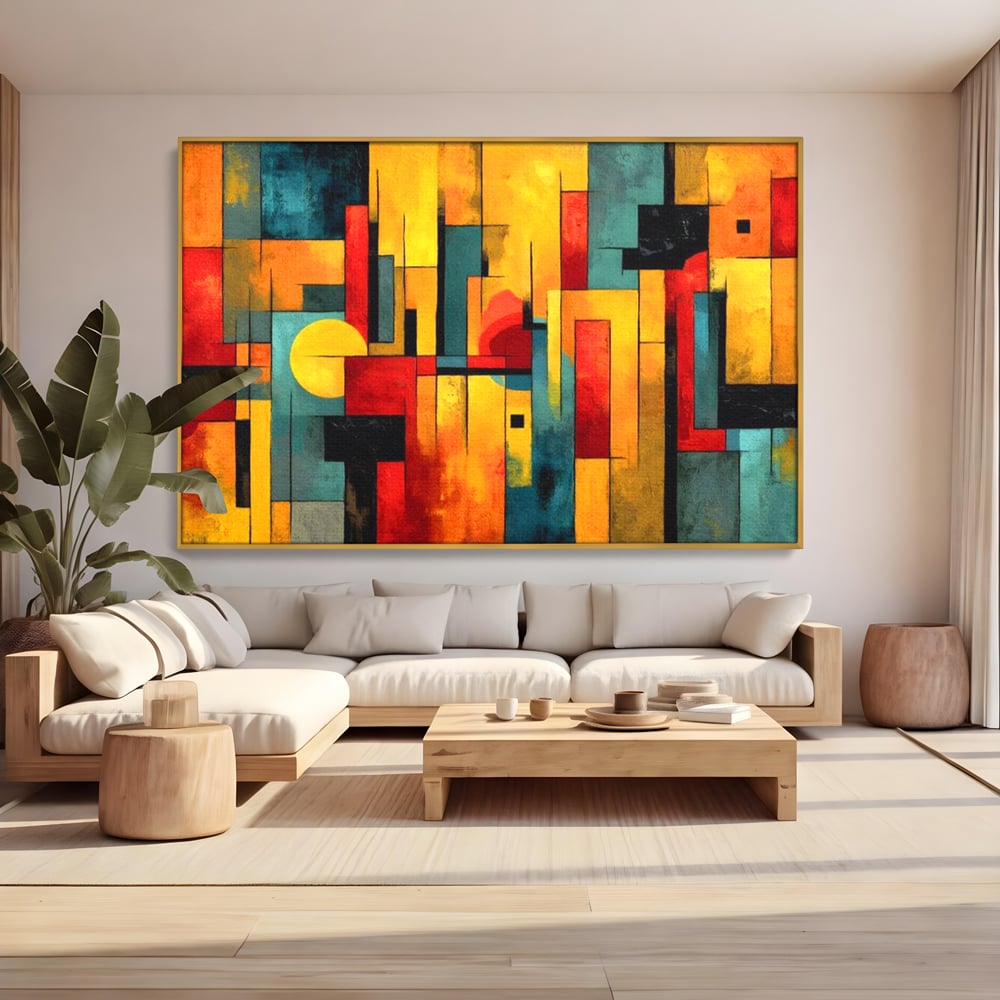 Tablou canvas cu pictura abstracta cu forme geometrice urbane, in rama de aluminiu auriu, pe perete intr-un living